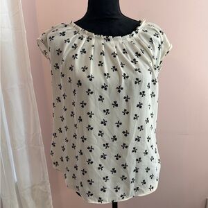 LC Lauren Conrad White Blouse with Black Floral Motif